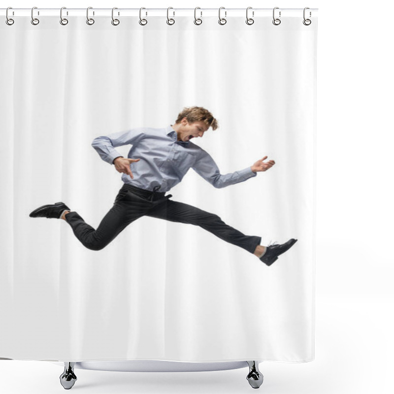 Personality  Happy Young Man Dancing In Casual Clothes Or Suit, Remaking Legendary Moves Of Celebrity From Culture History Shower Curtains