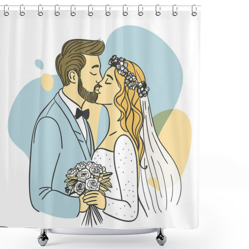 Personality  Cute Newlywed Couple In Love Floral Wedding Illustration In Flat Style Shower Curtains