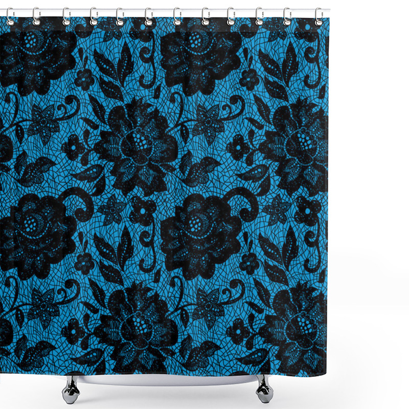 Personality  Black Lace Flower On Blue Shower Curtains