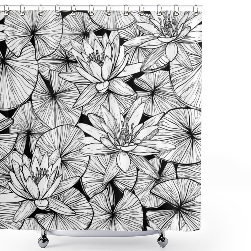 Personality  Seamless Pattern With Water Lilies. Black And White Shower Curtains