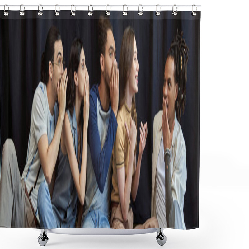 Personality  Interracial Team Sitting And Telling Secret To Amazed Colleague On Black Backdrop In Office, Banner Shower Curtains