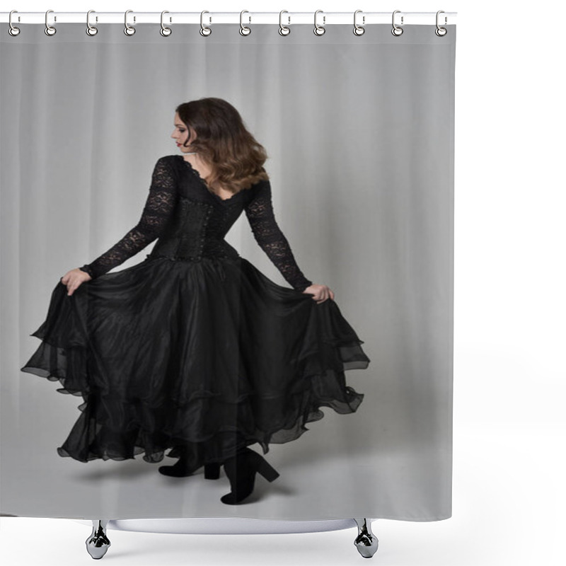 Personality  Full Length Portrait Of Brunette Girl Wearing Long Black Lace Gown Wit Corset. Standing Pose With Back To The Camera. Isolated On Grey Studio Background. Shower Curtains