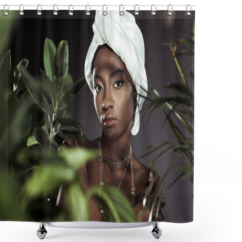 Personality  Attractive African American Woman In White Wire Head Wrap Behind Leaves Shower Curtains