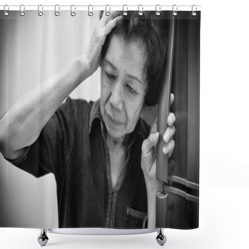 Personality  Elderly Asian Woman Holding Her Head, Having A Strong Headache And Fever. Black & White Tone Shower Curtains