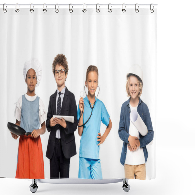 Personality  Multicultural Kids Dressed In Costumes Of Different Professions Holding Blueprint, Frying Pan, Stethoscope And Digital Tablet Isolated On White  Shower Curtains