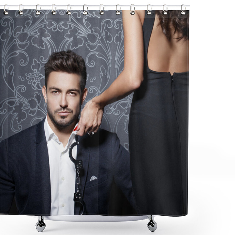 Personality  Macho Rich Businessman With Lover Holding Handcuffs Shower Curtains