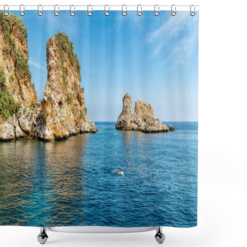 Personality  Landscape Of Mediterranean Sea With Faraglioni Of Scopello At Zingaro Nature Reserve, Sicily, Italy Shower Curtains