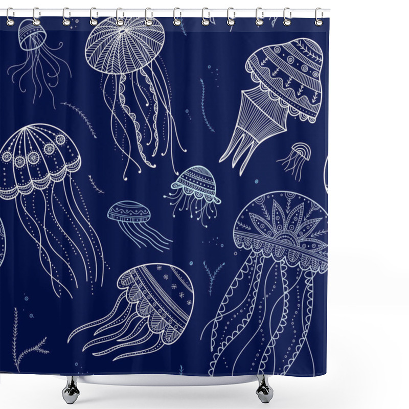 Personality  Vector Seamless Pattern With Jellyfishes In Ethnic Boho Style With Tribal Ornaments. Can Be Printed And Used As Wrapping Paper, Wallpaper, Textile, Fabric, Zen Doodle Etc. Shower Curtains