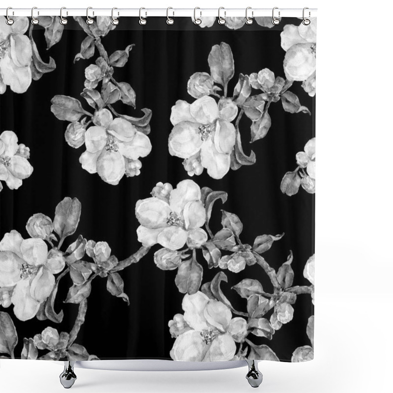 Personality  Monochrome Seamless Pattern Branch Flowers Apple. Black Background. Shower Curtains