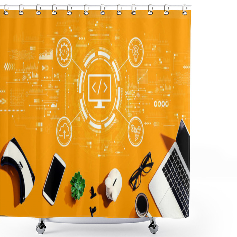 Personality  Web Development Concept With Electronic Gadgets And Office Supplies - Flat Lay Shower Curtains