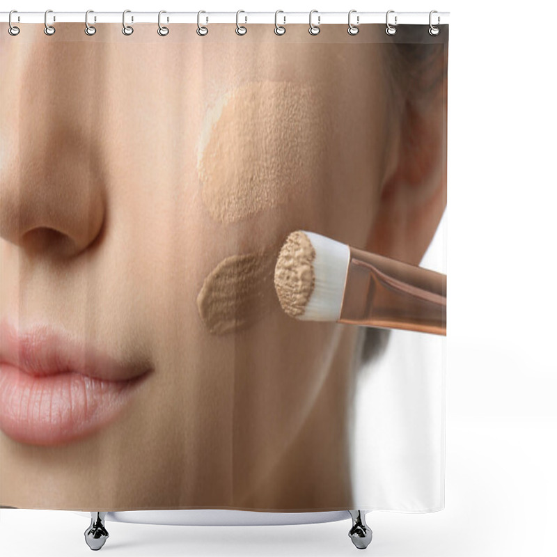 Personality  Girl Applying Foundation And Concealer With Brush On White Background, Closeup. Face Contouring Shower Curtains