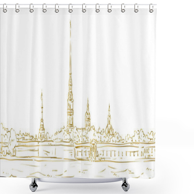 Personality  Peter And Paul Fortress. Symbol Of Saint Petersburg, Russia. Hand Drawn Vector Illustration. Gold Outline. Isolated Background Shower Curtains