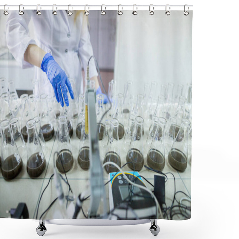 Personality  Hands Of The Scientist In Laboratory Shake A Glass Flasks With D Shower Curtains