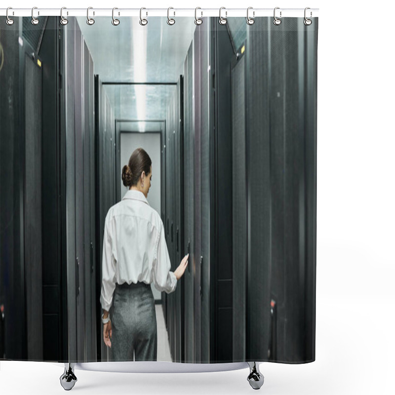 Personality  Professional Woman In A White Shirt Works Diligently Among Server Racks In A Data Center. Shower Curtains