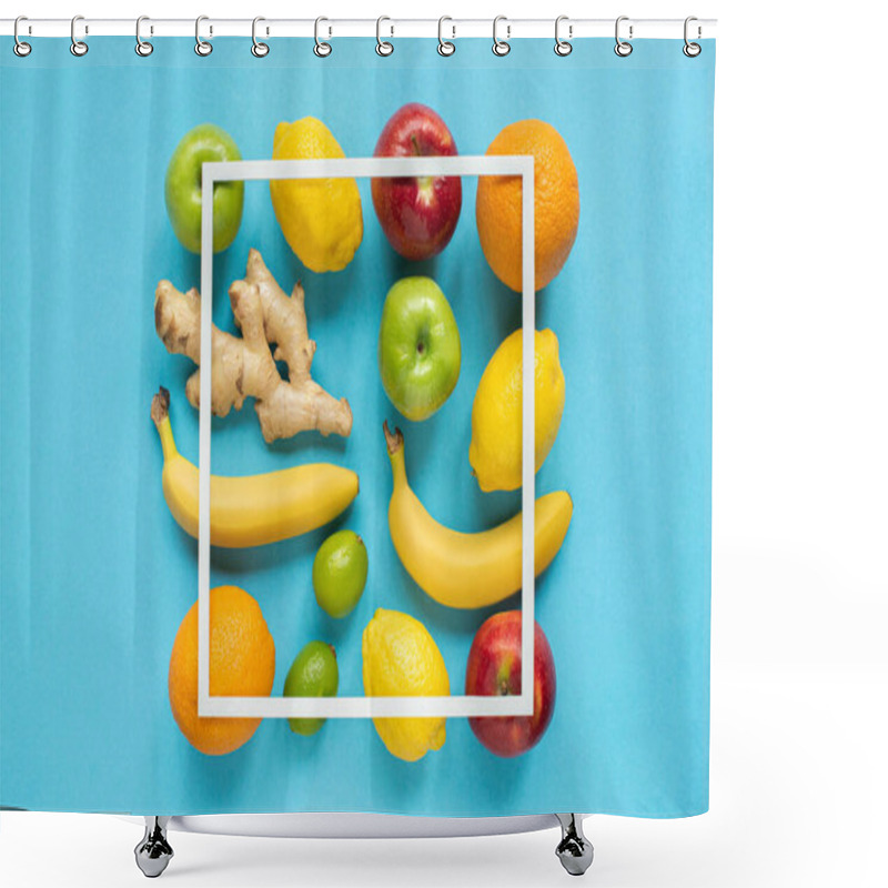 Personality  Top View Of Ripe Whole Fruits And Square Frame On Blue Background Shower Curtains