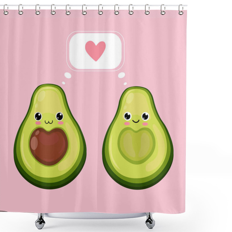 Personality  Happy Cute Smiling Avocado Couple In Love. Vector Flat Cartoon Character Illustration Icon.Isolated On Pink Background. Cute Avocado Character, Love Card Concept Shower Curtains