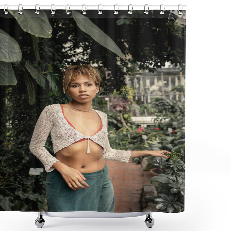 Personality  Confident Young African American Woman In Knitted Top And Skirt Touching Green Plant While Standing In Blurred Garden Center, Stylish Lady Surrounded By Lush Greenery, Summer Shower Curtains