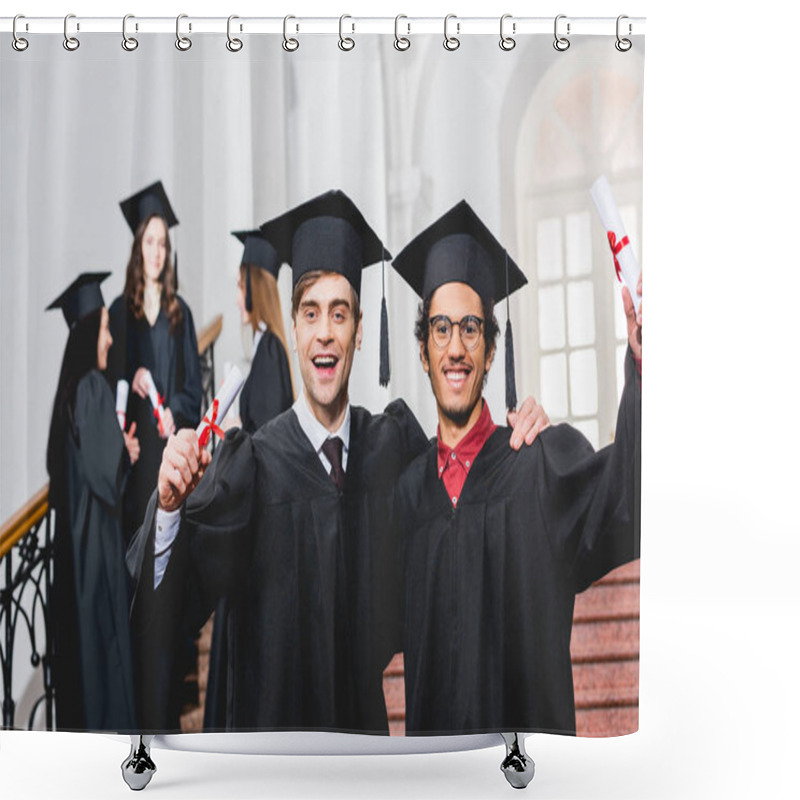 Personality  Selective Focus Of Cheerful Men In Graduation Caps Holding Diplomas Near Students  Shower Curtains