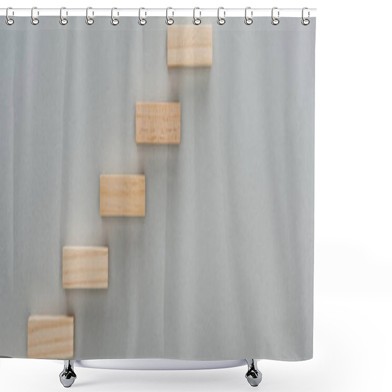 Personality  Panoramic Shot Of Wooden Blocks Symbolizing Career Ladder Isolated On Grey With Copy Space Shower Curtains