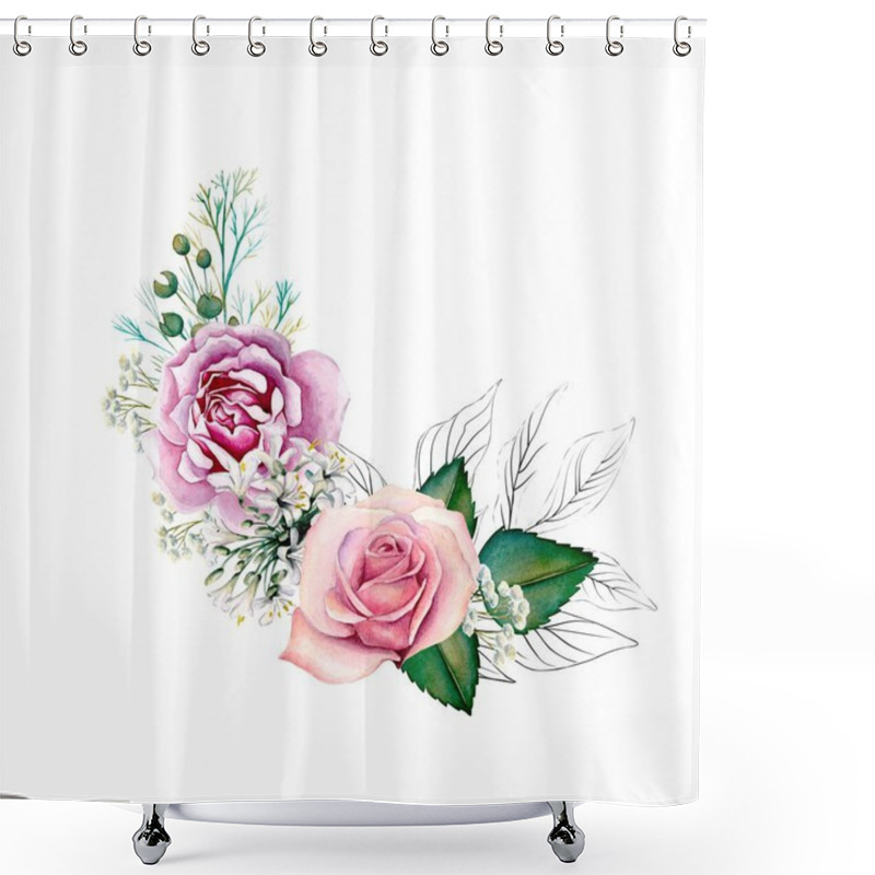 Personality  Watercolor Floral Bouquet, Composition, With Green Leaves, Pink Flowers. For Wedding Invitations, Wallpaper, Fashion. Rose, Magnolia, Green Leaves, Agapanthus. Illustrations On White Background Shower Curtains