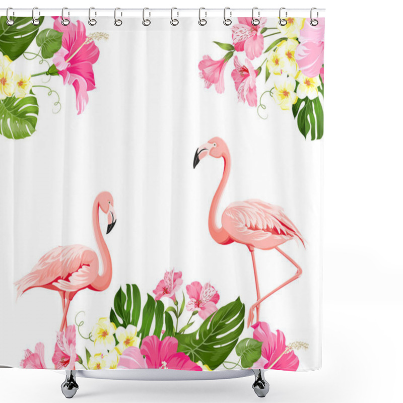 Personality  Flamingo Background Design. Tropical Flowers Illustration. Fashion Summer Print For Wrapping, Fabric, Invitation Card And Your Template Design. Shower Curtains