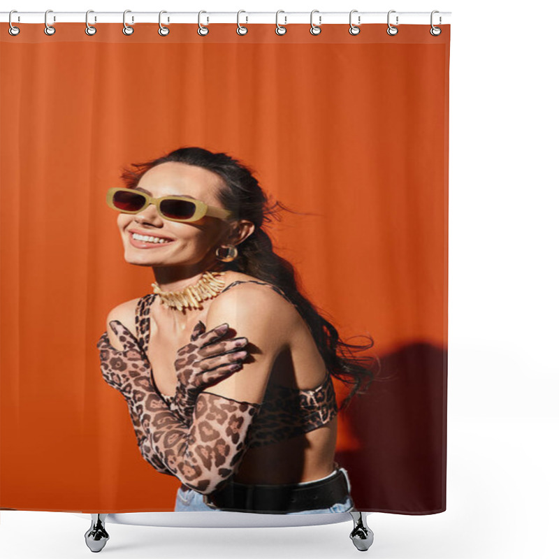 Personality  A Stylish Woman Flaunts Summertime Fashion In A Leopard Print Shirt And Trendy Sunglasses Against An Orange Backdrop. Shower Curtains