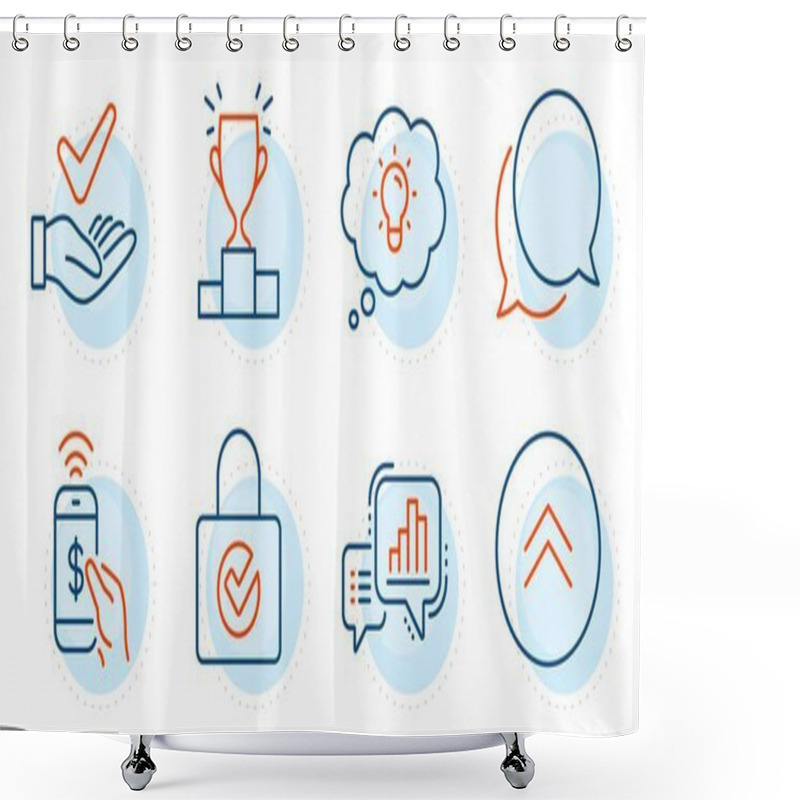 Personality  Dermatologically Tested, Phone Payment And Swipe Up Signs. Energy, Winner Podium And Graph Chart Line Icons Set. Chat Message, Password Encryption Symbols. Lightbulb, Competition Results. Vector Shower Curtains