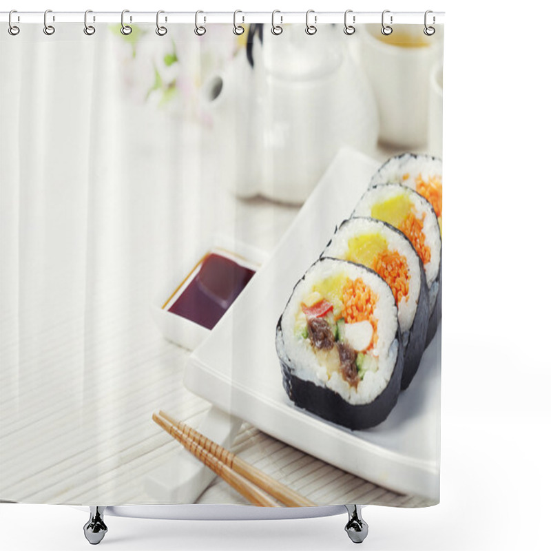 Personality  Sushi Set, Green Tea And Sakura Branch Shower Curtains