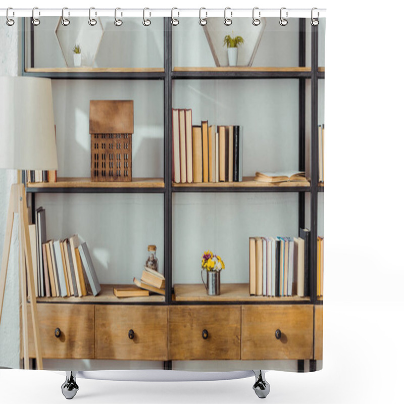 Personality  Close Up Of Wooden Rack With Books In Living Room  Shower Curtains