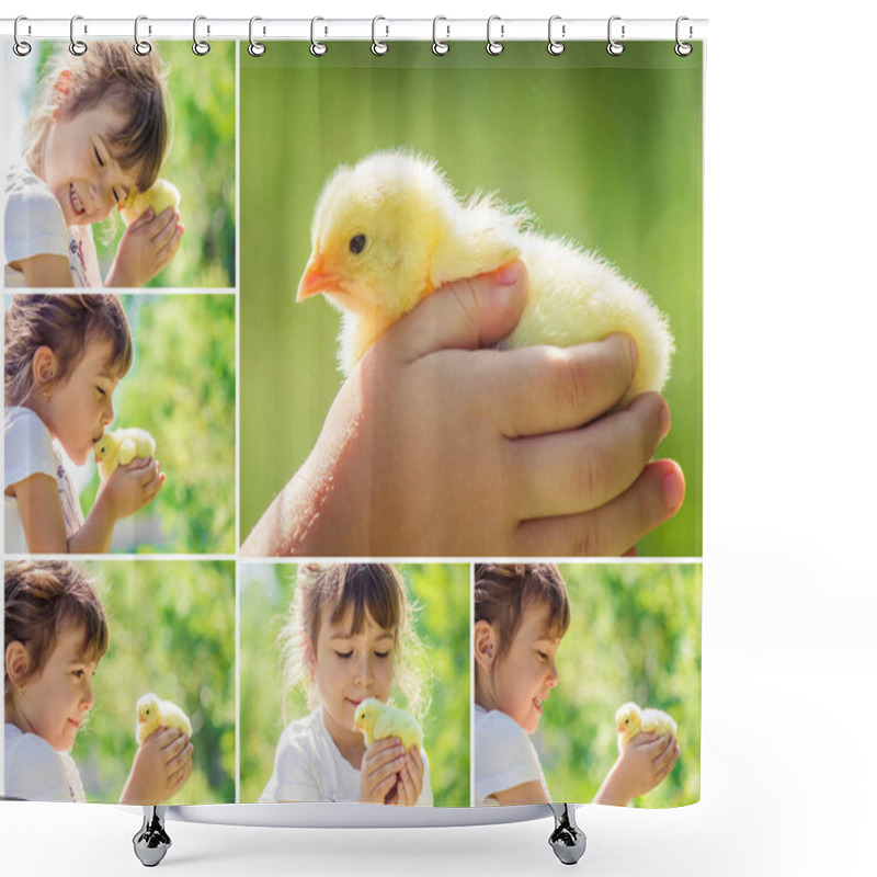 Personality  The Child Holds A Chicken In His Hands. The Girl And The Bird. Collage. Selective Focus.  Shower Curtains