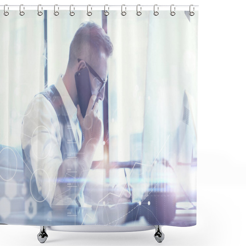 Personality  Bearded Businessman Planning Global Strategy Virtual Screen.Startup Concept Innovation Graphs Interfaces Icon.Young Man Making Great Business Idea Modern Workplace.Guy Using Smartphone Call Meeting. Shower Curtains