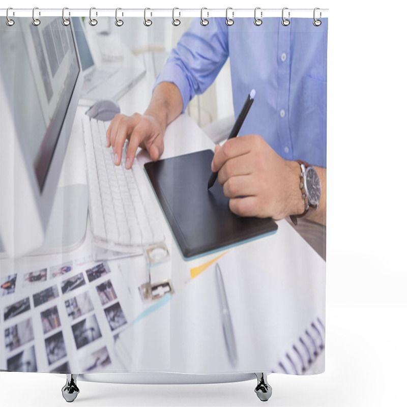 Personality  Graphic Designer Using Digitizer At His Desk Shower Curtains