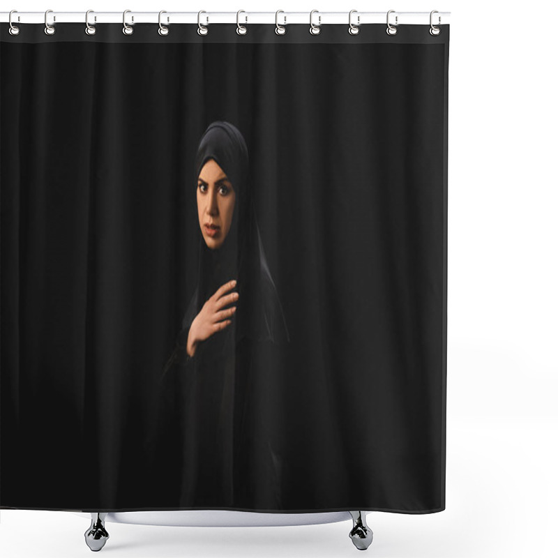 Personality  Side View Of Muslim Woman Looking At Camera Isolated On Black  Shower Curtains