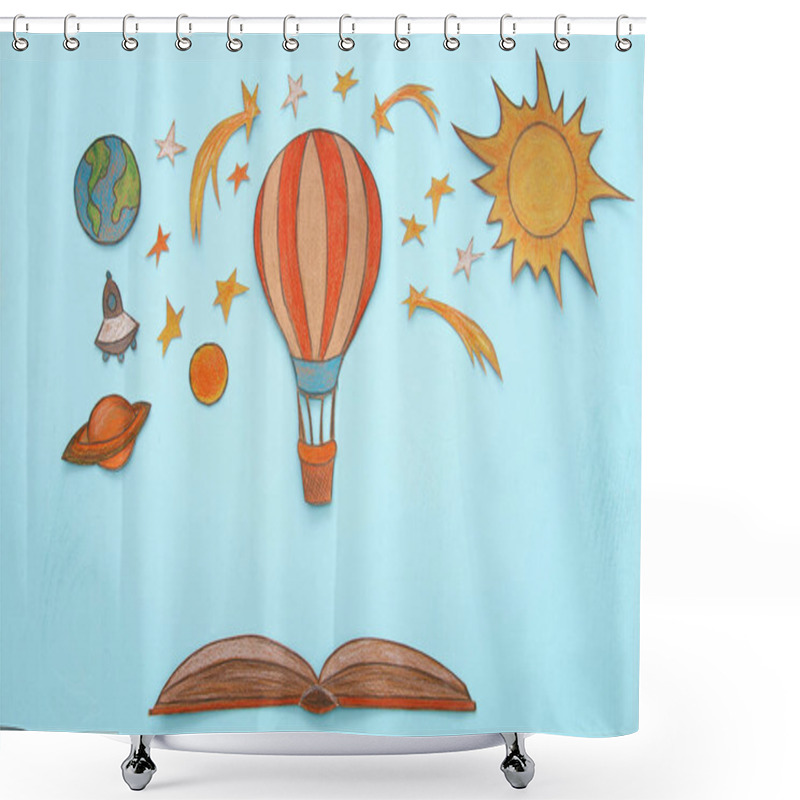 Personality  Hot Air Balloon, Space Elements Shapes Cut From Paper And Painted Over Wooden Blue Background Shower Curtains