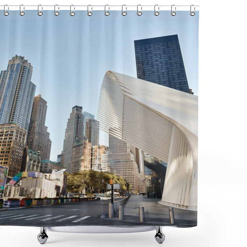 Personality  The Oculus, A Modern Architectural Marvel, Stands Tall In The Heart Of New York City. Shower Curtains