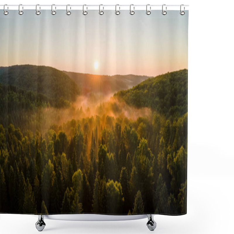 Personality  Vibrant Foggy Morning Over Dark Forest Trees At Bright Summer Sunrise. Amazingl Scenery Of Wild Woodland At Dawn. Shower Curtains