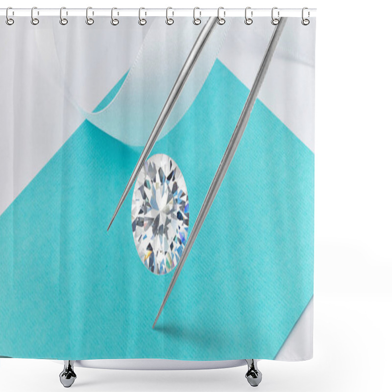 Personality  Big Diamond Held In Tweezers On Bright Blue Background Featuring A White Ribbon Shower Curtains