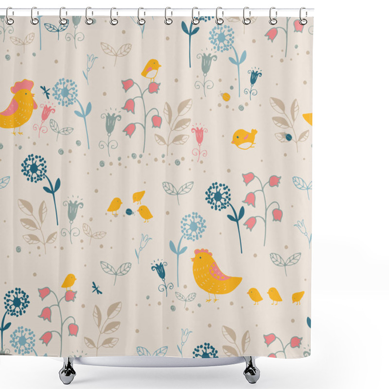 Personality  Summer Seamless Pattern With Birds, Chicks And Flowers. Shower Curtains