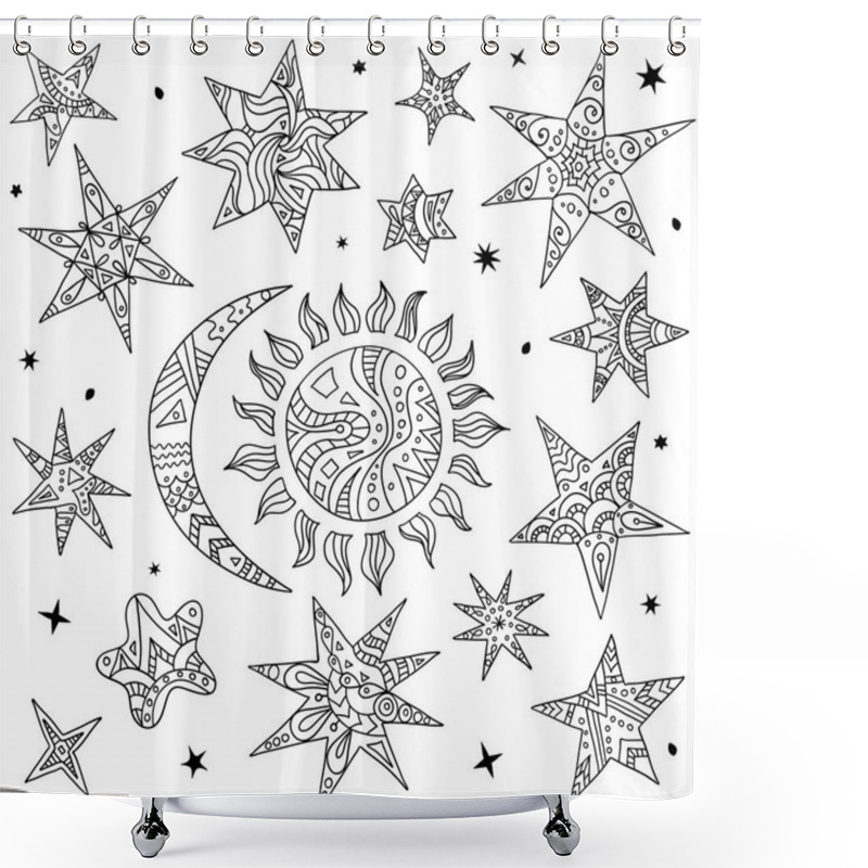 Personality  Vector Doodle Elements Of The Night Sky. Stars, Sun And Moon. Shower Curtains