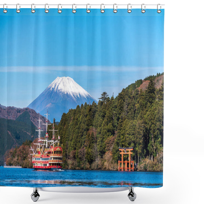 Personality  Mountain Fuji And Lake Ashi With Hakone Temple And Sightseeing Boat In Autumn Shower Curtains