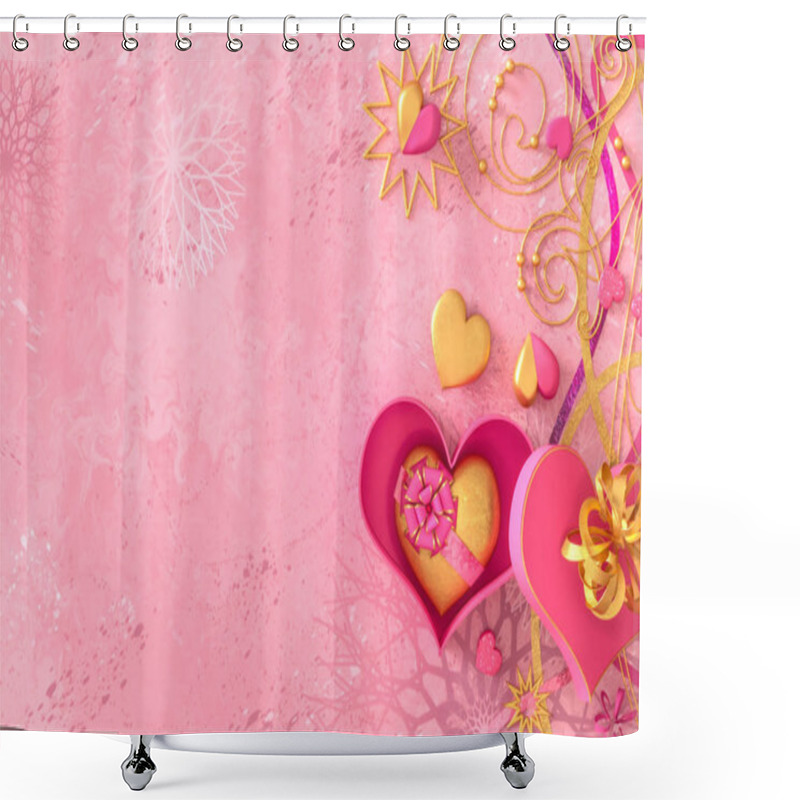 Personality  3d Rendering. Composition Figure Volumetric Brilliant Heart, Pink, Gold, Valentines Day Or Wedding Day Romantic Themes For Party, Events. Shower Curtains