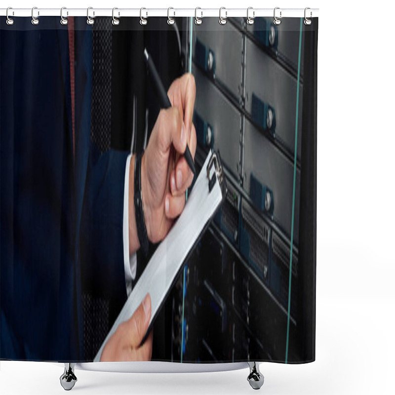 Personality  Panoramic Shot Of Man In Suit Holding Clipboard And Pen In Data Center  Shower Curtains