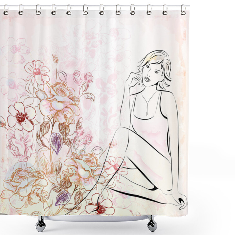 Personality  Girl Over Floral Background Shower Curtains