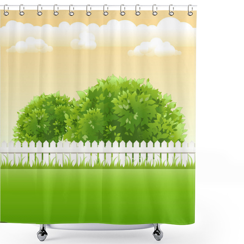 Personality  Summer Garden With Tree, Flower And Light Railing Shower Curtains