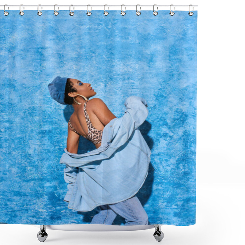 Personality  Side View Of Fashionable African American Woman In Beret, Top With Animal Print And Denim Shirt Posing And Standing On Blue Textured Background, Stylish Denim Attire Shower Curtains