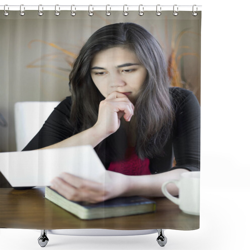 Personality  Teenage Girl Or Young Woman Reading A Note, Worried Expression Shower Curtains