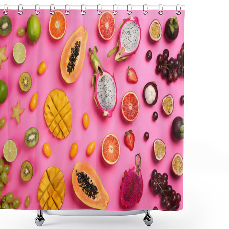 Personality  Many Different Delicious Exotic Fruits On Pink Background, Flat Lay Shower Curtains