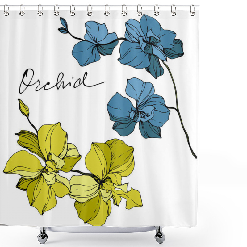 Personality  Vector Yellow And Blue Orchids Isolated On White. Engraved Ink Art. Shower Curtains