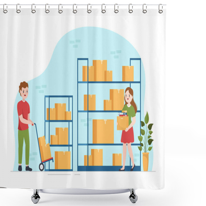 Personality  Self Storage Of Cardboard Boxes Filled With Unused Items In Mini Warehouse Or Rental Garage In Flat Cartoon Hand Drawn Templates Illustration Shower Curtains