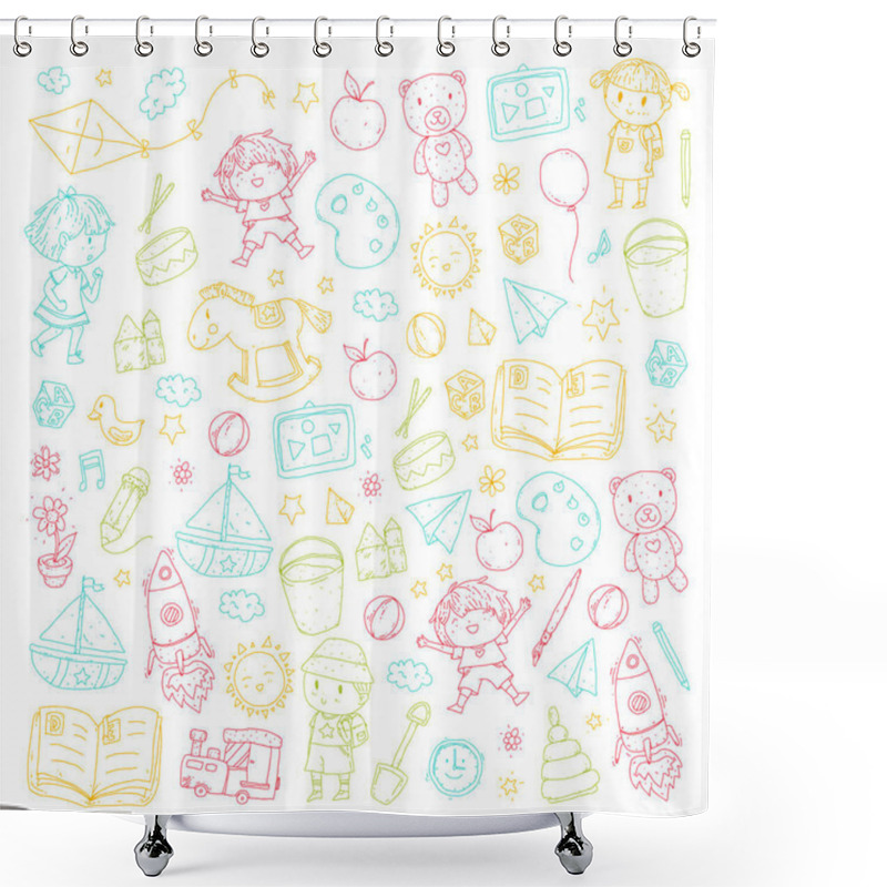 Personality  Kindergarten Nursery Preschool School Education With Children Doodle Pattern Kids Play And Study Boys And Girls Kids Drawing Icons Space, Adventure, Exploration, Imagination Concept Shower Curtains